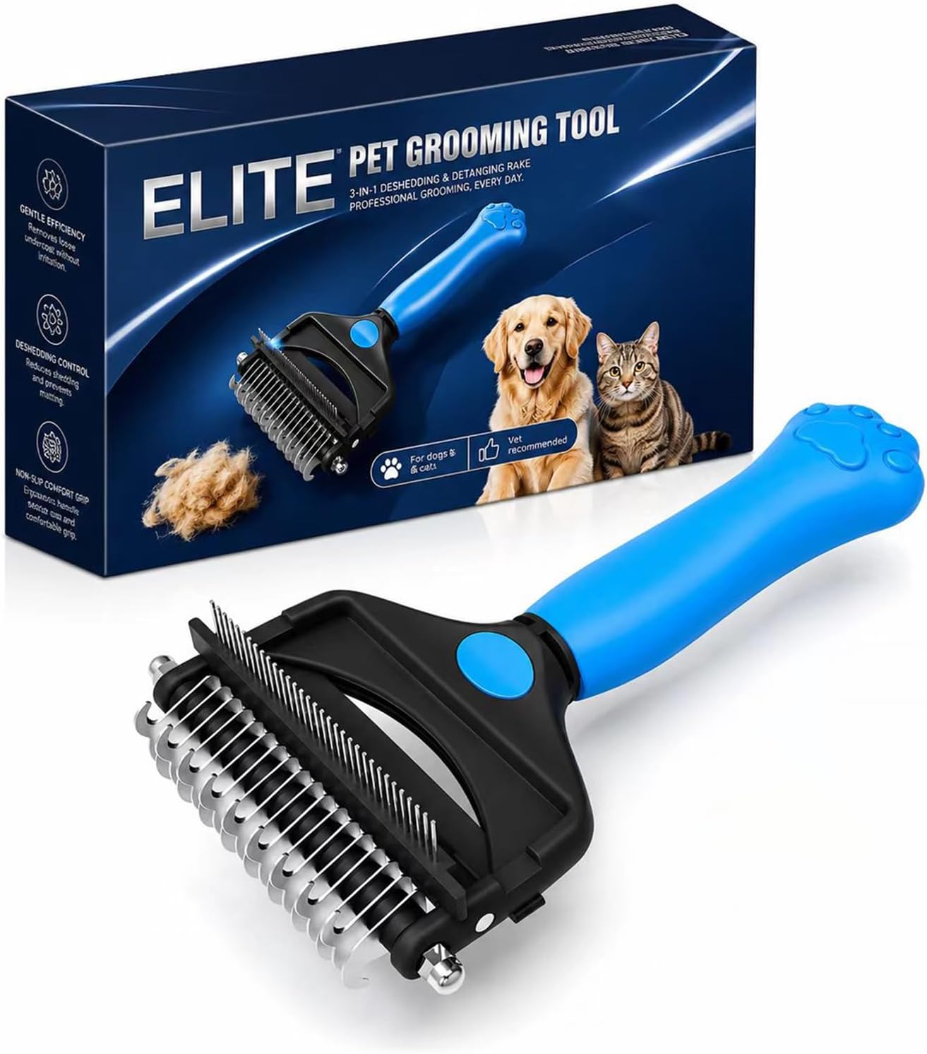 Deshedding Dog Brush，3-in-1 Pet Pro Grooming Tool，Dogs & Cats | Blue Undercoat Rake for Dogs，Ultimate Dematting Comb & Deshedding Brush for Cats and Dogs, Perfect for Shedding & Detangling