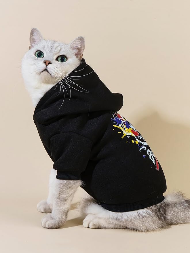 QWINEE Cartoon Bear Print Cat Hoodie Breathable Stretchy Sweatshirts with Hat Warm Cat Clothes for Small Medium Large Cats Dogs Multicolor M