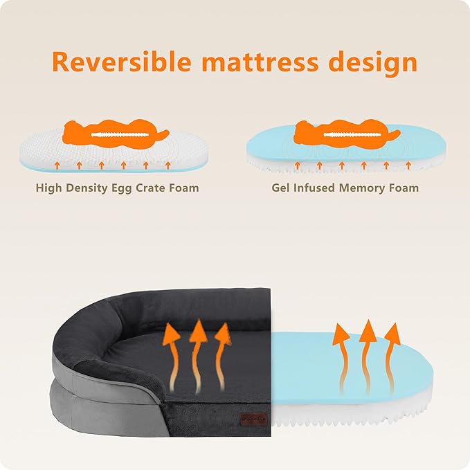 Dwanton Orthopedic Dog Bed for Extra Extra Large Dogs with Gel Memory Foam, Waterproof Dog Sofa, Washable Pet Bed with Four Sided Bolster Cushion, Removable Cover & Non-Slip Bottom, 48", Dark Gray