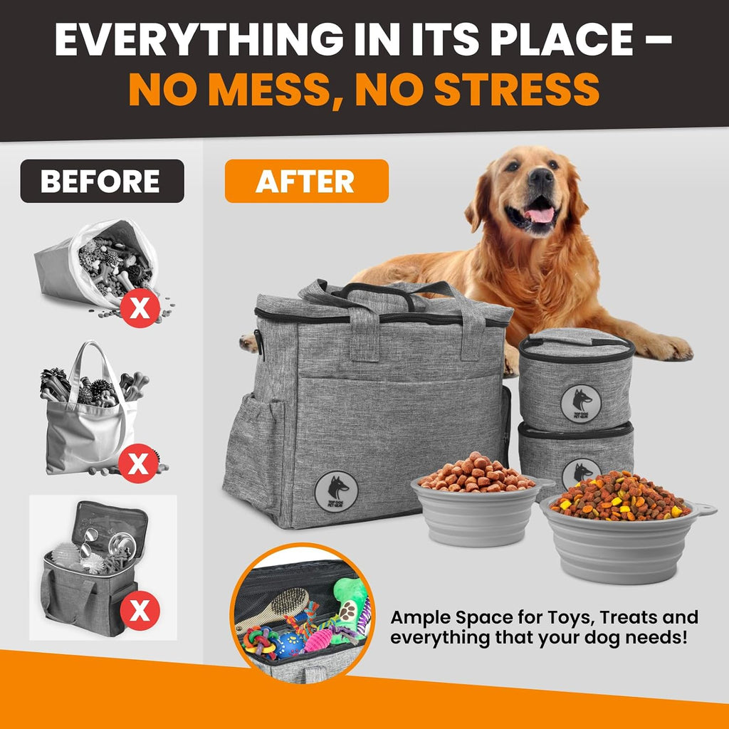 Dog Travel Bag for Supplies - Airline Approved Pet Backpack Organizer | Pet Supply Organizer with Collapsible Bowls, Food Containers, Luggage Sleeve - Camping Gear, Road Trip Essentials