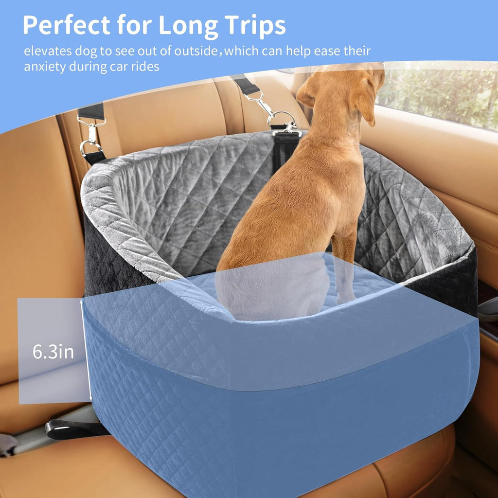 Car Dog Bed - Memory Foam Puppy Car Booster Seat with Safety Leash, Washable, Medium/Small Dogs