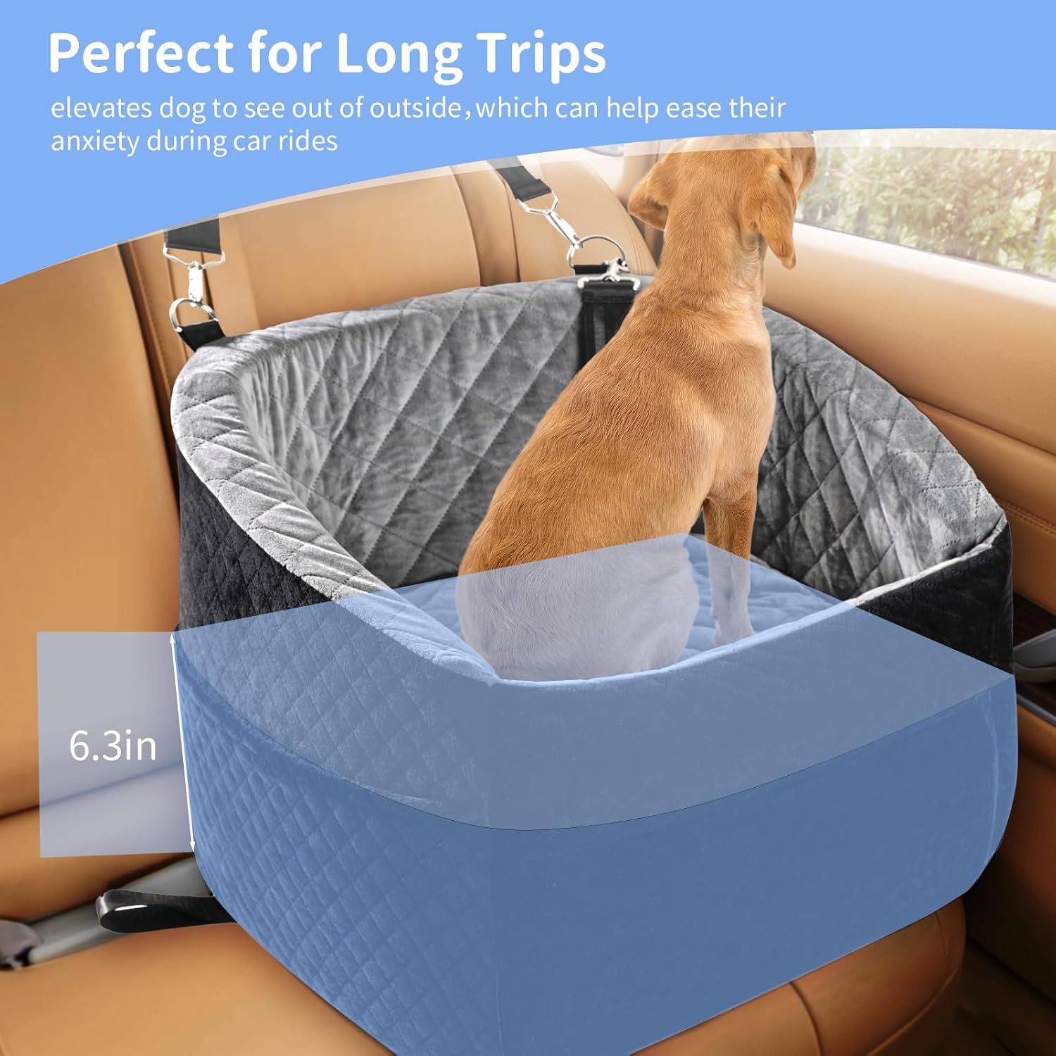Car Dog Bed - Memory Foam Puppy Car Booster Seat with Safety Leash, Washable, Medium/Small Dogs