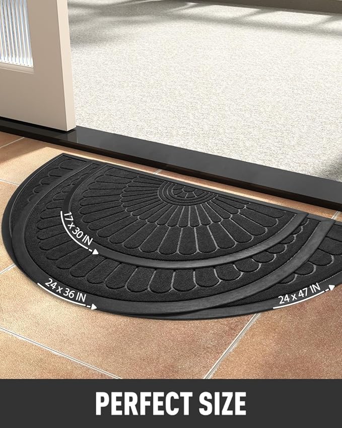 tchdio Door Mat Outdoor Indoor Entrance Doormat-Semicircular Durable Rubber Non Slip Front Door Mat for Outside Inside Entry Entryway Dirt Trapper WelcomeMat for Muddy Paws and Shoes-Black 24”x36”