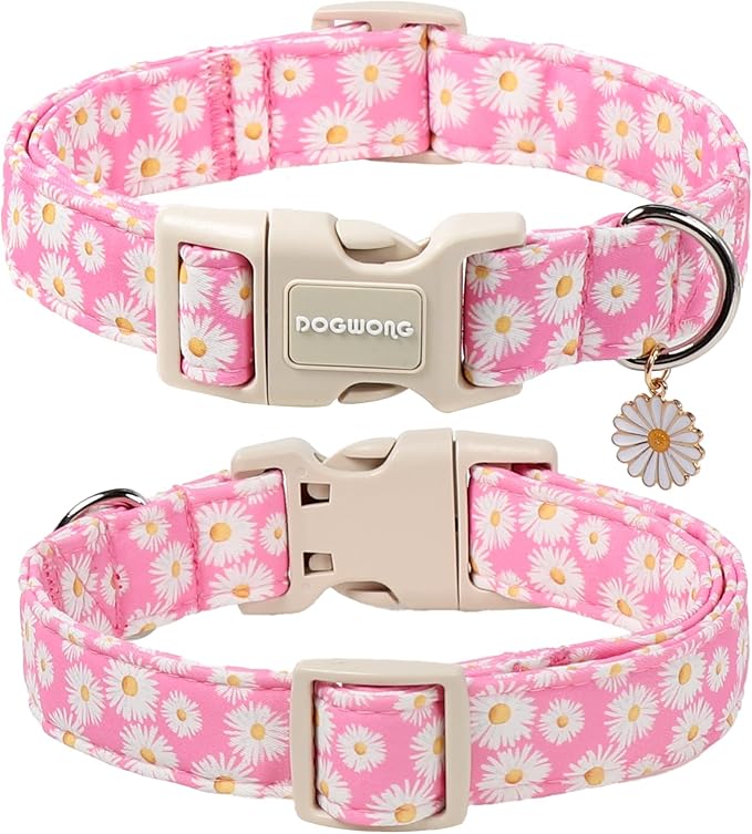 DOGWONG Flower Dog Collar-Daisy Flower Print Girl Dog Collar for Large Cute Dog Collars Spring Female Pet Gift Adjustable Heavy-Duty Soft Collar，S