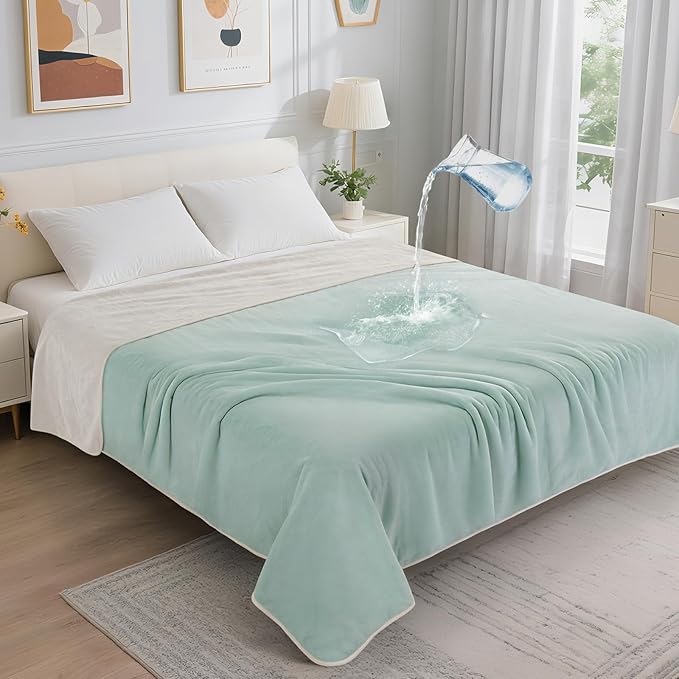 LOOBANI Waterproof Blanket for Bed: Reversible Soft Flannel Twin Bed Blanket 60" x 80", Leakproof Throw Spill-Proof Dog Pet Blanket for Couch, Sofa Protect, Movie Time, Camping, Travel, Green