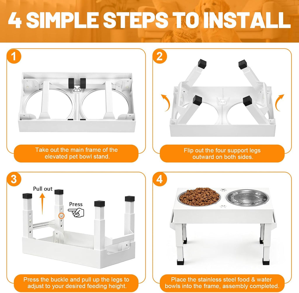 Elevated Dog Bowls Stand Large Breed, Height Adjustable Raised Dog Bowls Holder with 2 Stainless Steel Food Bowls for Small, Medium and Large Canine，White