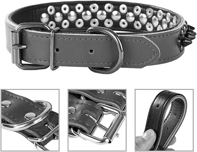 Spiked Studded Dog Collar, Genuine Leather Dog Collar, Adjustable Pet Collars for Medium Large Bulldog Pitbull Mastiff Poodle Boxer (L:37-47cm, Blue)