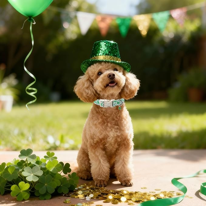 St Patricks Day Dog Collar for Small Dogs - Leopard Lucky Clover Dog Collars, Lightweight Adjustable Irish Green Festival Shamrock Dogs Collars with Quick Release Buckle S