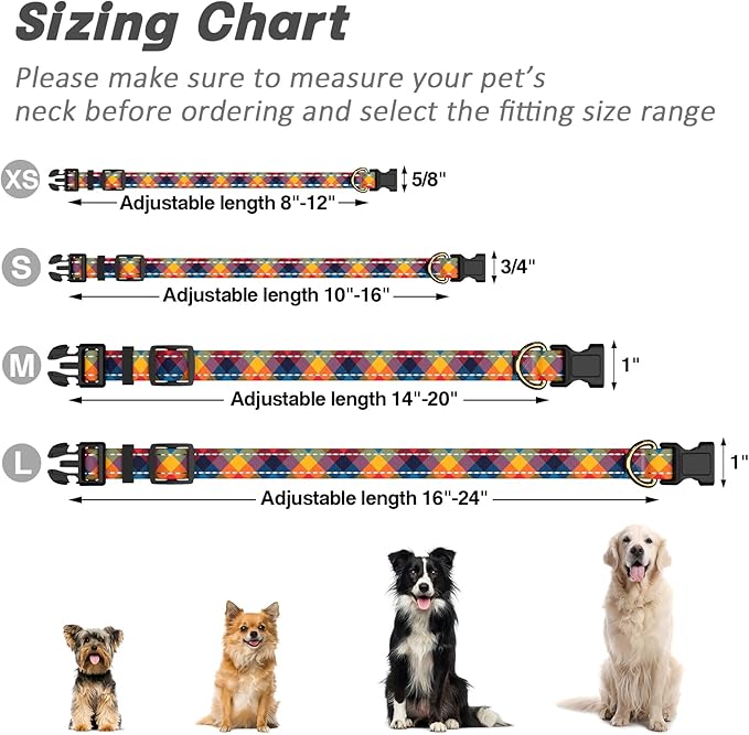 Reflective Dog Collar for Small Dogs, Cute Boho Adjustable Heavy-Duty Nylon Puppy Collar for Boy and Girl Female, Soft Pet Accessories with Quick Release Buckle, Colorful Tartan