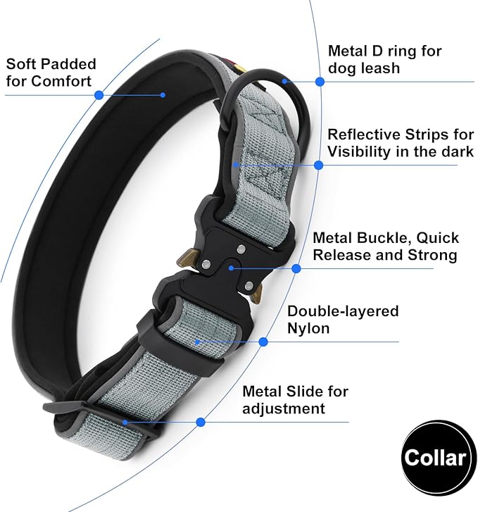 Plutus Pet Tactical Dog Collar, Reflective, Adjustable Heavy Duty Dog Collar, Soft Padded and Comfortable, for Small Medium and Large Dogs (Gray, XS)