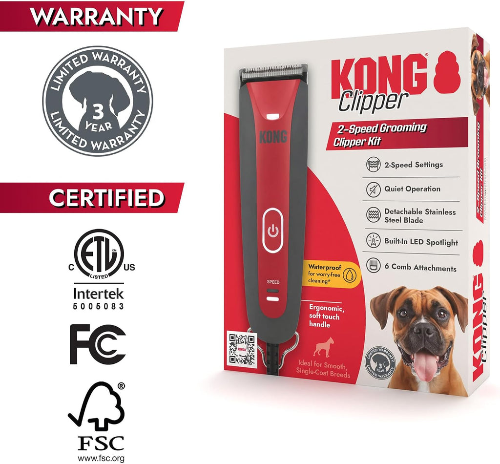 Kong 2-Speed Dog Clipper Grooming Kit Waterproof 6 Combs Medium Coat Types