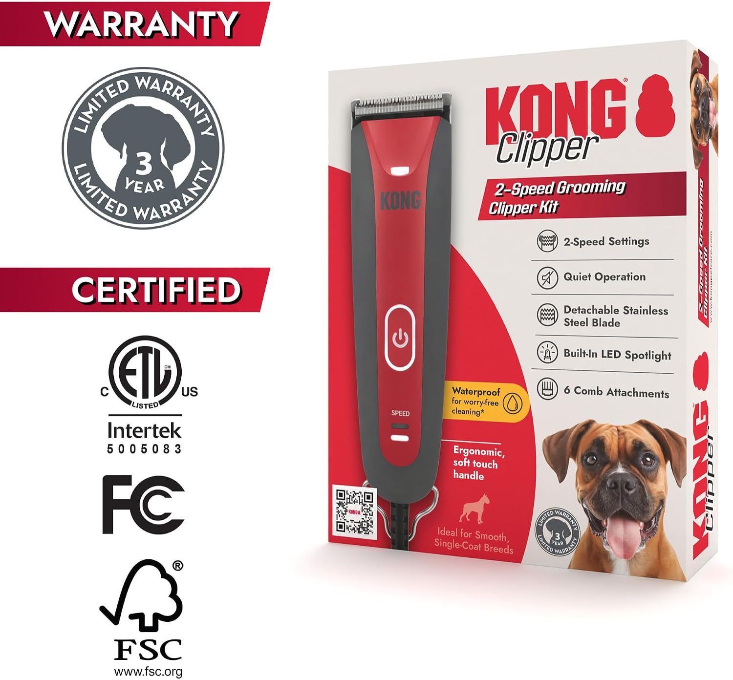 Kong 2-Speed Dog Clipper Grooming Kit Waterproof 6 Combs Medium Coat Types
