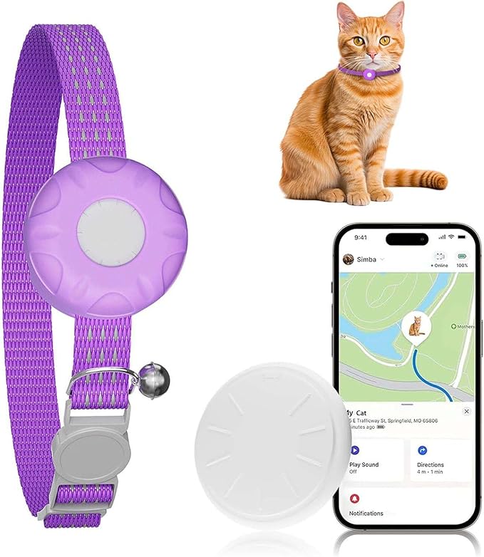 Cat GPS Tracker, Smart Cat GPS Tracker Compatible with Apple Find My App (Only iOS), No Monthly Fee, Waterproof (White Tracker, Purple Cat Collar)