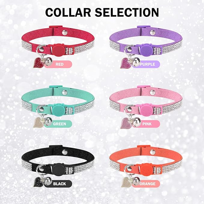 Rhinestone Cat Collar Breakaway with Bell, Diamond Cat Collar with Safety Buckle Quick Release for Girl Boy Small Kitten Pets Puppy,Cute Soft Female Male Cat Collars, Color Black 7-9"