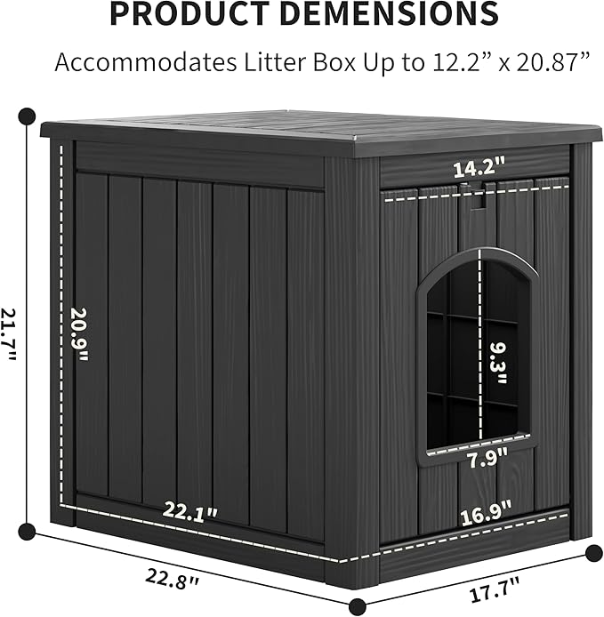 Cat Litter Box Enclosure, Plastic Hidden Litter Box Side Table with Openable Front Door, Waterproof & Weatherproof Cat Box Enclosure Cabinet for Indoor & Outdoor Use (Black)