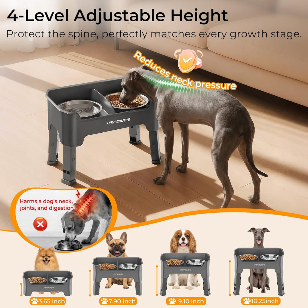URPOWER Mess Proof Elevated Dog Bowls for Small Dogs with Splash Guard | 4 Adjustable Heights, 2 Stainless Steel Bowls, Food & Water Separation, Non-Slip Base, Foldable Raised Dog Bowl Stand, Grey