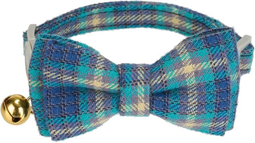 2 Pack Cotton Cat Collar, Removable Bowtie, Plaid Pattern, Safety Breakaway Clasp, Adjustable for Cats.(Adult Cat, Blue and Brown)