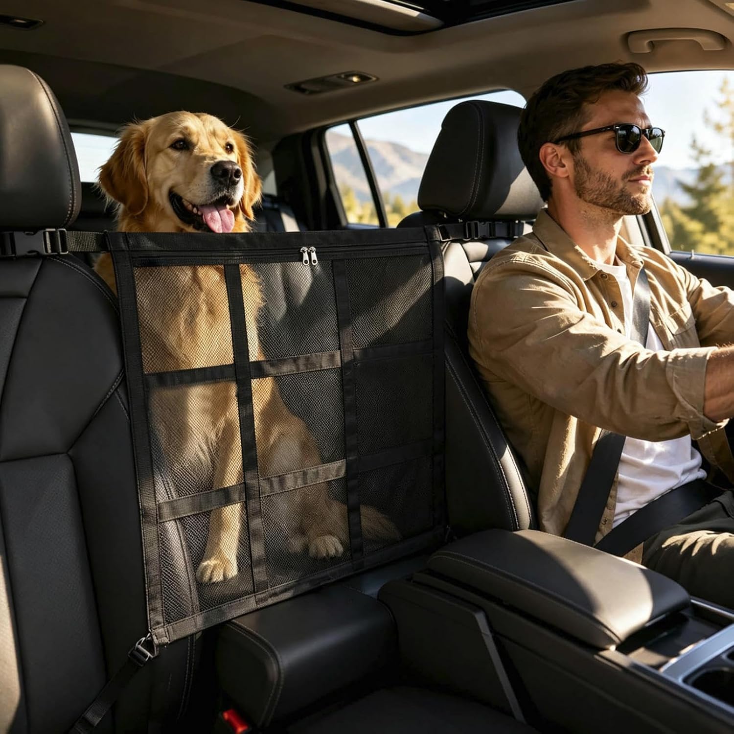 Dog Car Barrier 2026 Upgrade, Double Layer Mesh Dog Net for Car Divider with Storage Organizer, Universal Fit for SUVs, Sedans & Trucks, Easy to Install & Breathable Vehicle Travel Fence, no Storage