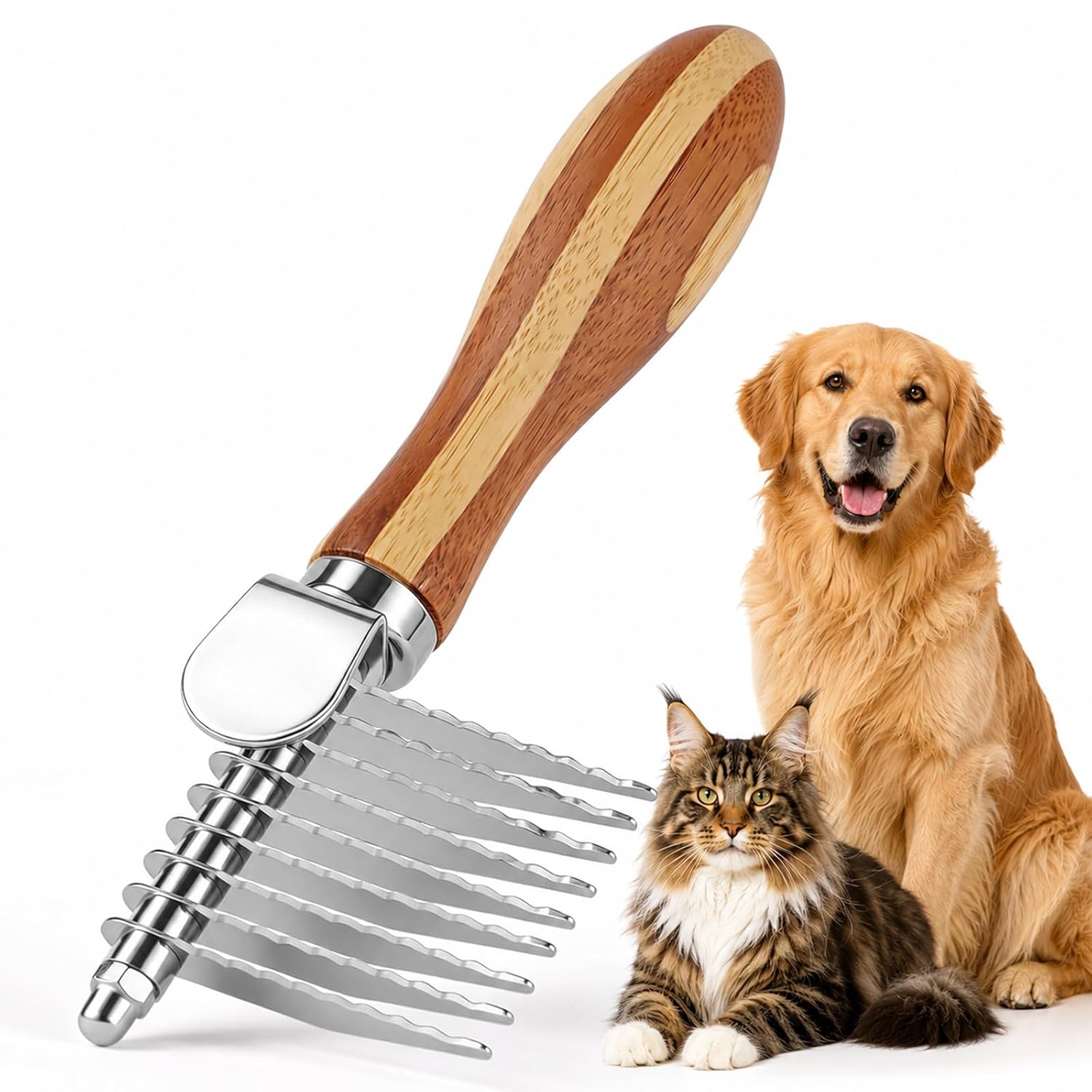 Pet Dematting Comb with Bamboo Handle, Dog Cat Grooming Brush for Removing Mats, Knots, Tangles & Loose Fur, Stainless Steel Undercoat Rake for Long & Short Haired Pets