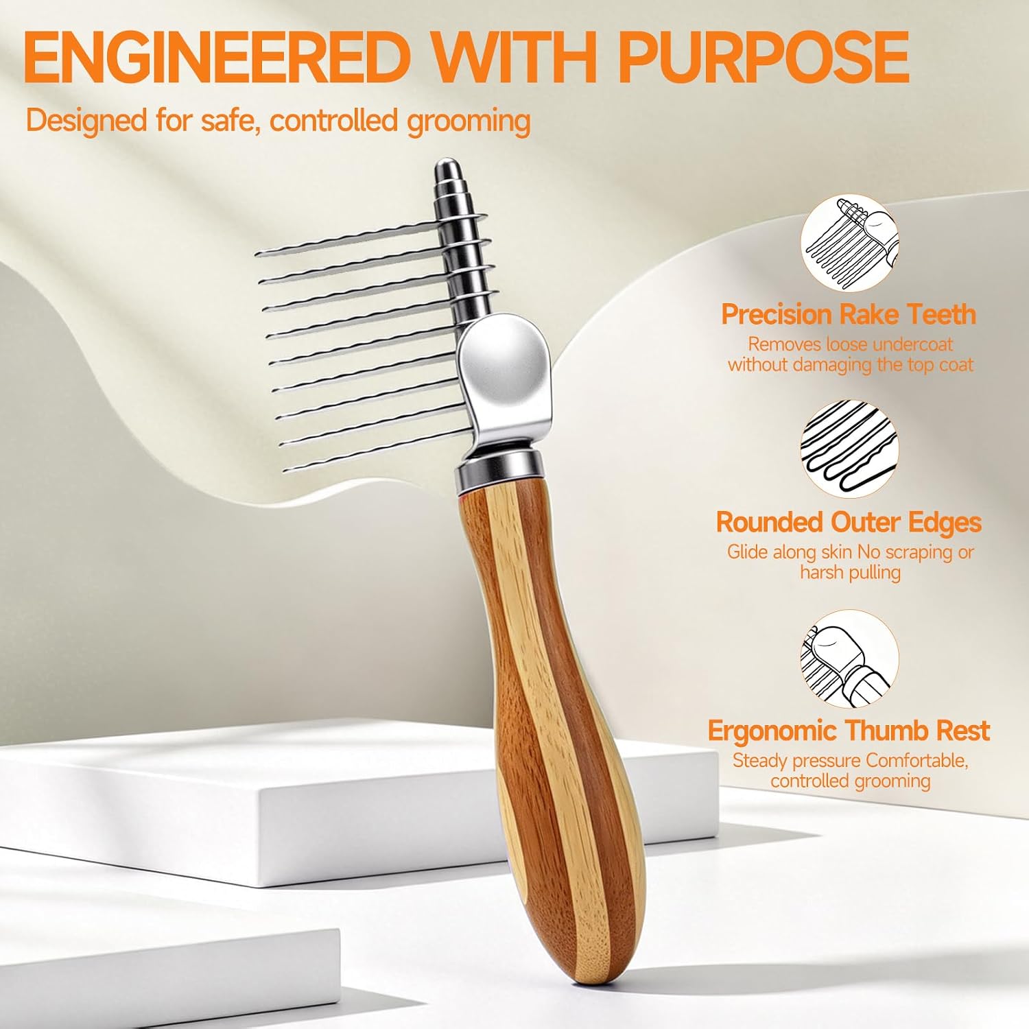 Pet Dematting Comb with Bamboo Handle, Dog Cat Grooming Brush for Removing Mats, Knots, Tangles & Loose Fur, Stainless Steel Undercoat Rake for Long & Short Haired Pets