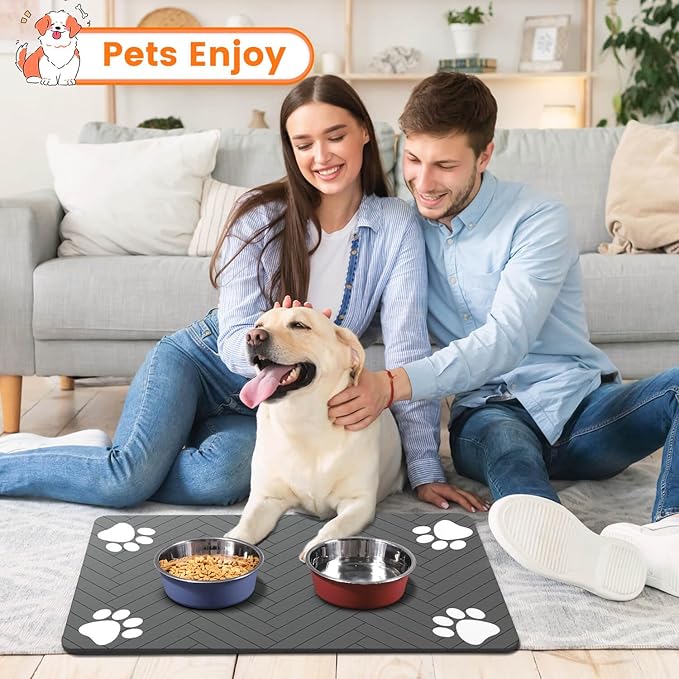Pet Feeding Mat-Absorbent Pet Placemat for Food and Water Bowl, with Waterproof Rubber Backing, Quick Dry Water Dispenser Mat for Dog and Cat (24"x16", Striped Dark Gray)