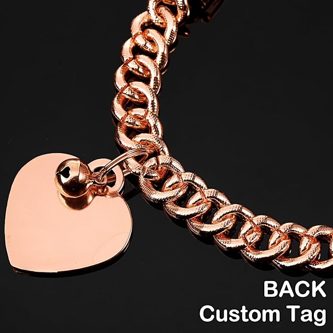 Hillban Dog Chain Gold-Plated Diamond Collar with Heart Rhinestones Jewelry Pet ID Tag Chain Bling Puppy Collar with Personalized Name Tag for Small Medium Large Dog Cat(Rose Gold,14 Inch)
