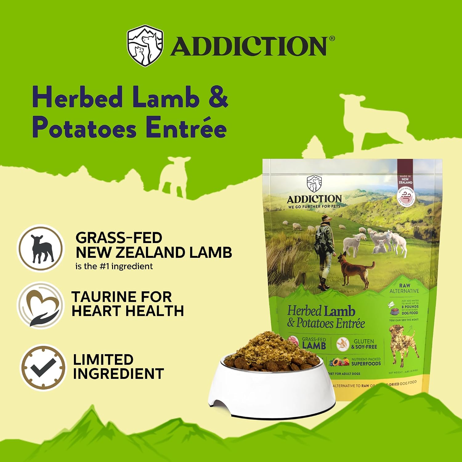 Addiction Herbed Lamb & Potatoes Air-Dried Grain-Free Dog Food – Complete Meal or Topper with Natural Ingredients for Digestive and Skin & Coat Health, 2lb - 4 Packs
