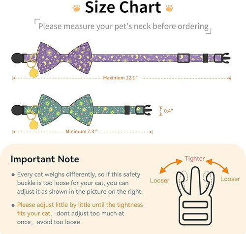 2 Pack Cotton Cat Collar with Bow Tie and Bell for Girl Boy Cats,Cute Pink Flamingo and Blue Whale Pattern Spring Summer Breakaway Cat Collar for Male Female Cats (Star&Moon)