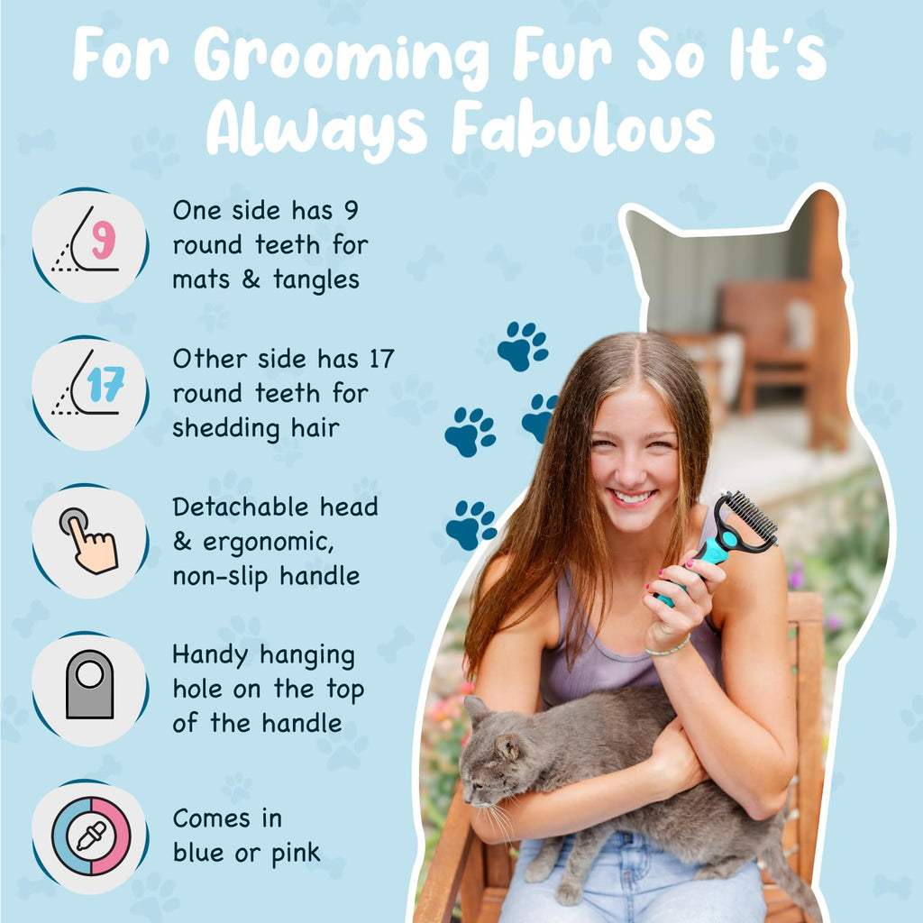 Sinko Shedding Brush For Dog and Cat, Grooming Brush with Extra Wide Double-Sided Stainless Teeth for Detangling, Deshedding, Brushing & Removing Shed Fur, Knots, Mats, and Tangles in Pets (Blue)