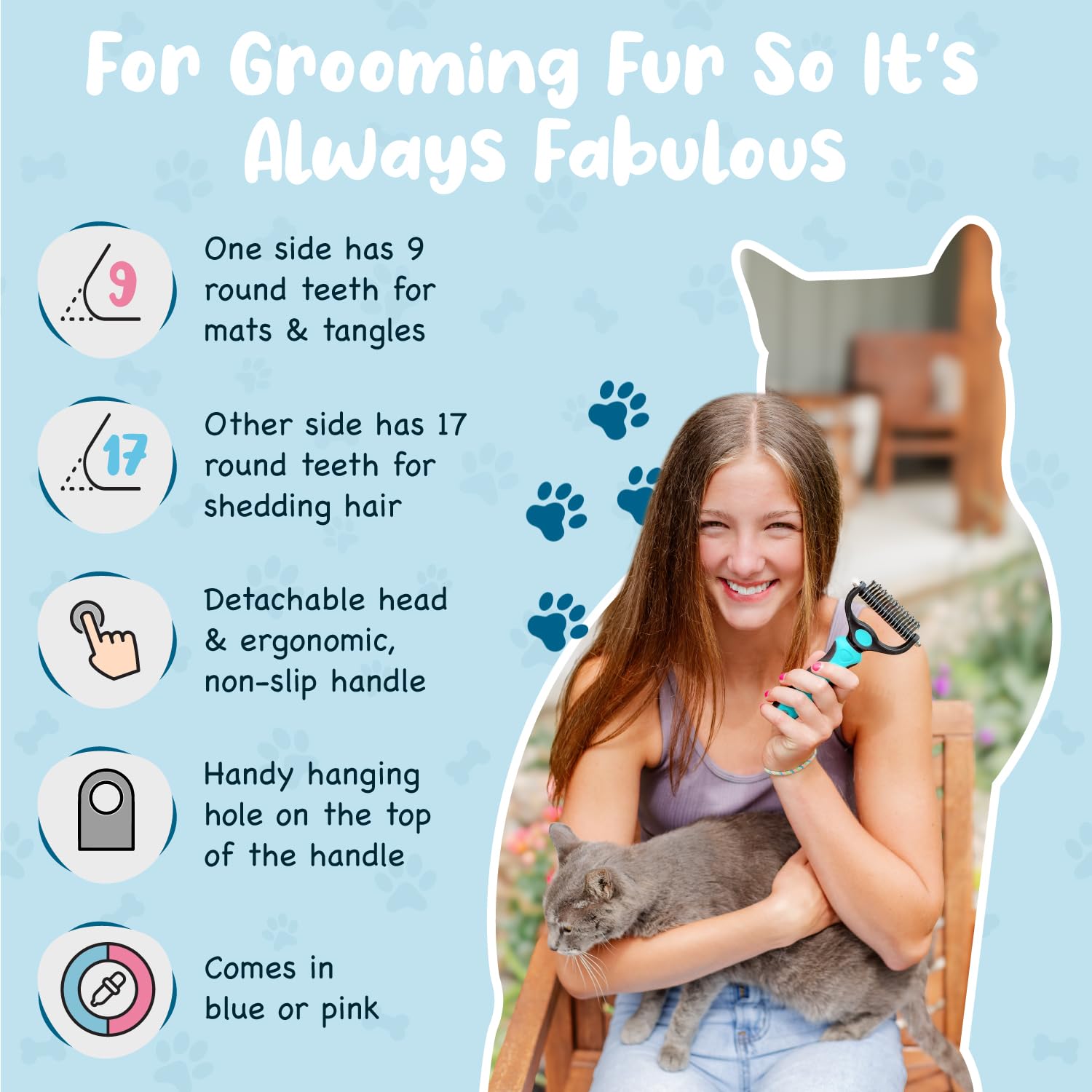 Sinko Shedding Brush For Dog and Cat, Grooming Brush with Extra Wide Double-Sided Stainless Teeth for Detangling, Deshedding, Brushing & Removing Shed Fur, Knots, Mats, and Tangles in Pets (Blue)