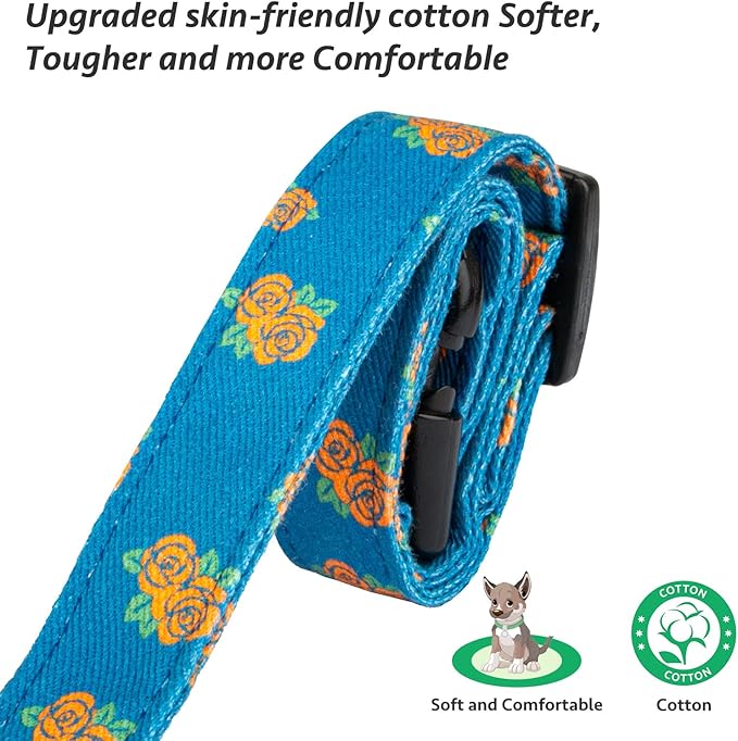 Cotton Handmade Dog Collar Cute and Distinctive Patterns Blue Rose with Pendant for Girl Boy Dogs Collars L
