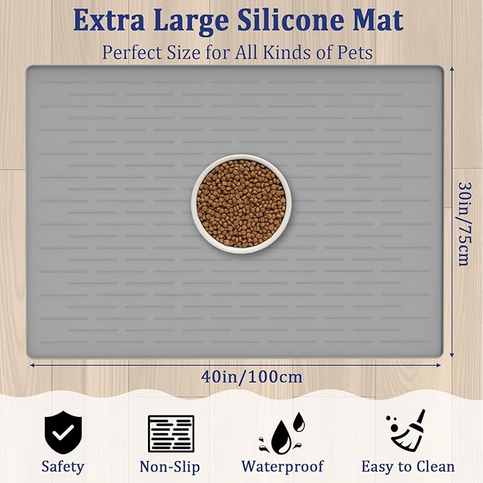 40"x30" XXL Silicone Dog Feeding Mat, 1.5MM Extra Thick Dog Bowl Mat for Food and Water, Large Non-Slip Placemat with High Edges for Dogs Bowls, Easy to Clean, Black