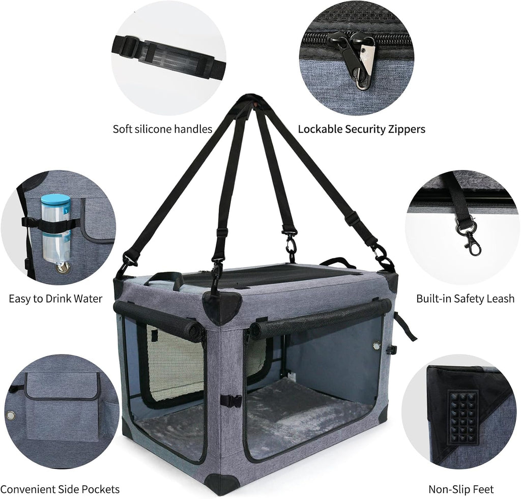 NEZUC Collapsible Dog Crates for Large Dogs Portable Soft Sided Travel Dog Carrier for Indoor & Outdoor, 4-Door Foldable Pet Kennel with Durable Mesh Windows (Gray, 24.0" L x 17.0" W x 17.0")