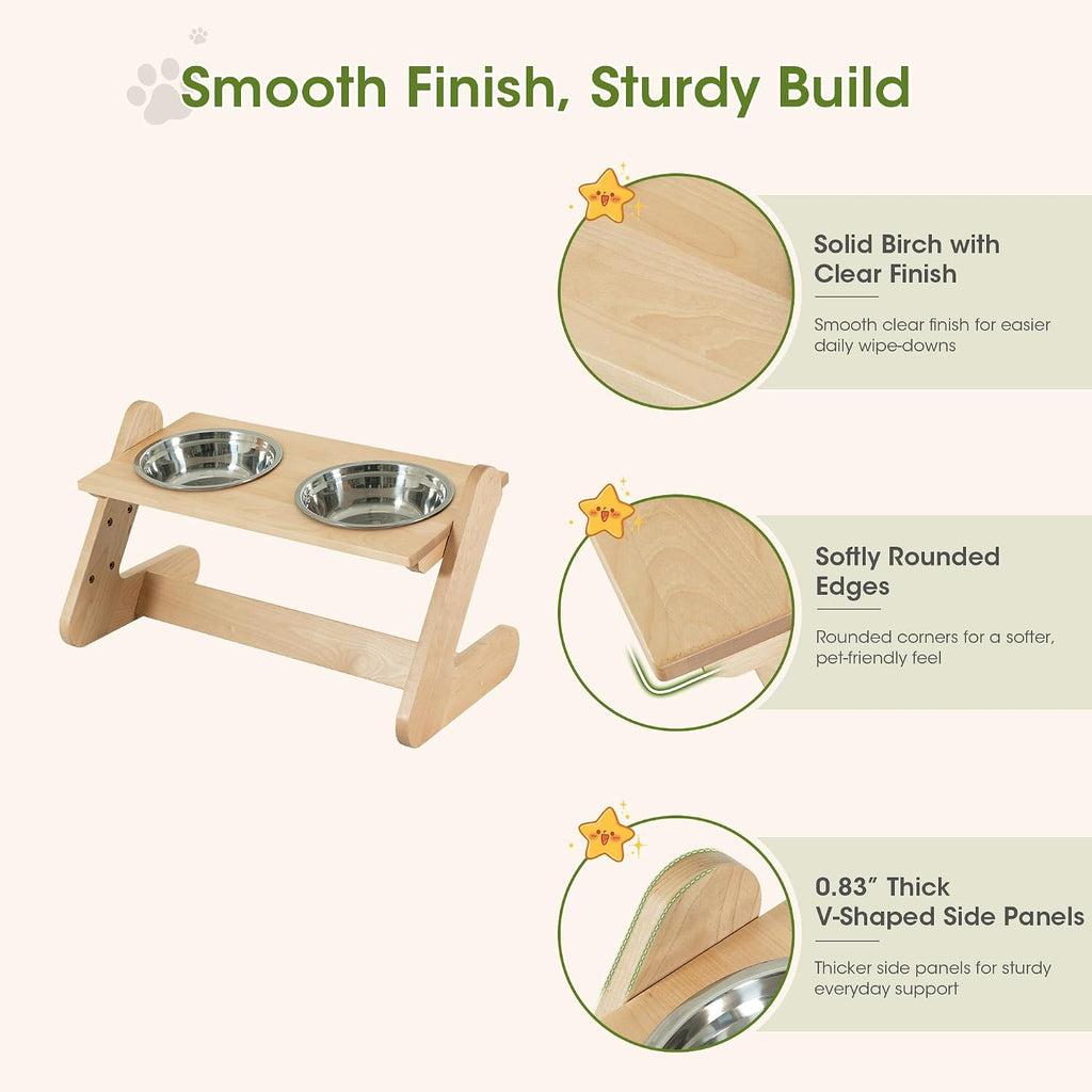 Solid Birch Wood Elevated Dog Bowl Stand for Large & Medium Dogs | Raised Dog Bowl Stand, 3 Heights, 10° Angled Top, Water-Resistant Finish, 2 Stainless Bowls, 8" Openings