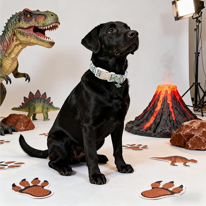 DOGWONG Dinosaur Dog Collar-Cute Green Dinosaur Dog Collar for Small Dogs, Adjustable Comfortable Cotton Boy Dog Collars for Small Medium Large Dogs,XS