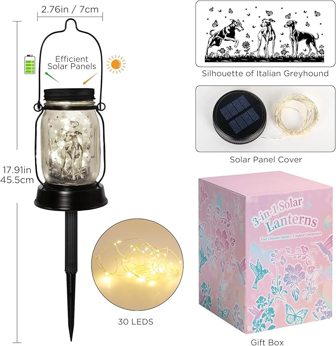 Greyhound Gifts for Women/Men Greyhound Solar Lanterns Mom Birthday Speedster Dog Lovers Lantern Pet Loss Animal Dog Memorial Lights Solar Garden Decoration for Yard, Patio,Backyard,Porch Torches