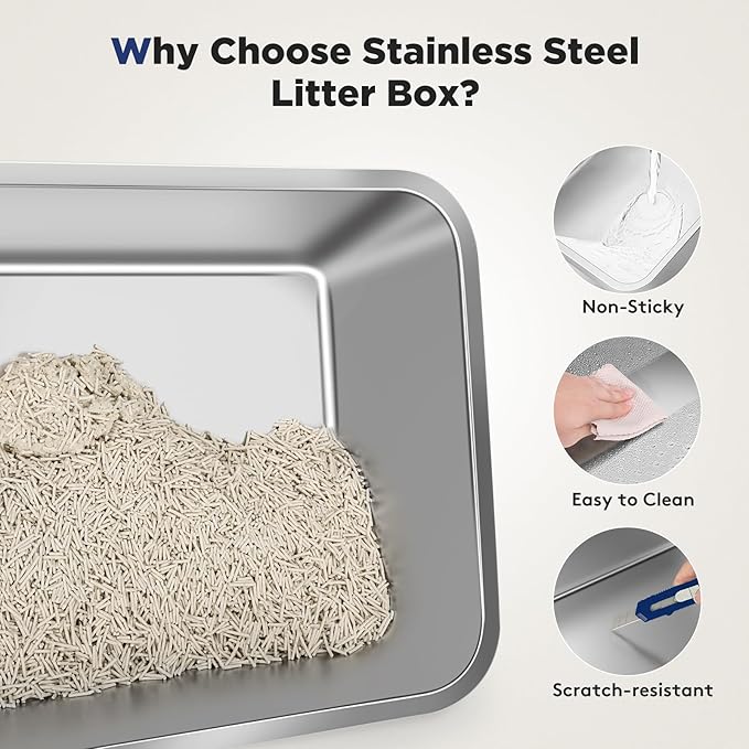 FURTIME Stainless Steel Litter Box with Lid, Large Enclosed Cat Litter Box for Big Cats, Metal Cat Box with High Sided Enclosure & Scoop, Front & Top Entry, Odor Free, Anti-Leakage, Grey