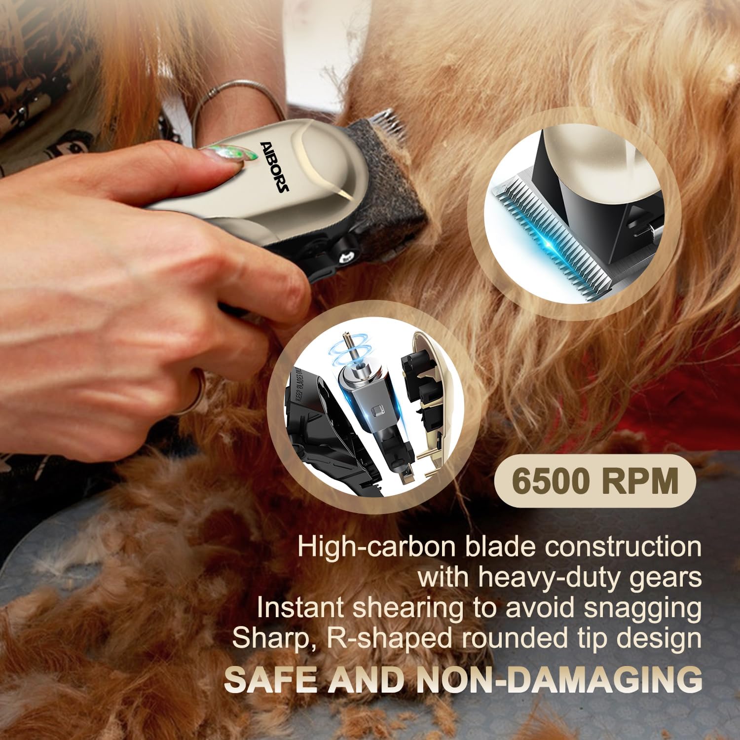 Quiet Dog Grooming Kit - 2000mAh Dog Clippers for Grooming Dog Grooming Clippers for Heavy Thick Hair Coats Waterproof Rechargeable Cordless Clippers Safe and Easy to Clean Home Pet Grooming Gold