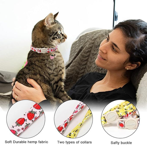 2 Pack Bee Cat Collars Breakaway with Bell, DOGWONG Safety Buckle Cute Strawberry Cat Collar for Girl Boy Cats，Adjustable 7-12 Inch