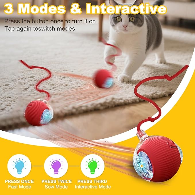 Interactive Cat Toys Ball for Indoor Cats＆Dogs,Automatic Cat Toy 360° Auto-Rotation Smart Obstacle Avoidance,Includes 4 Cat Spiral Spring,Cat Enrichment Toys for Indoor Cats (Red)