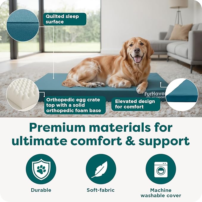 FurHaven Water-Resistant Orthopedic Dog Bed for Large Dogs, Oxford Polycanvas Mattress with Egg Crate and Solid Orthopedic Foam Base for Joint Support, Washable Cover, Jumbo XL, Deep Lagoon