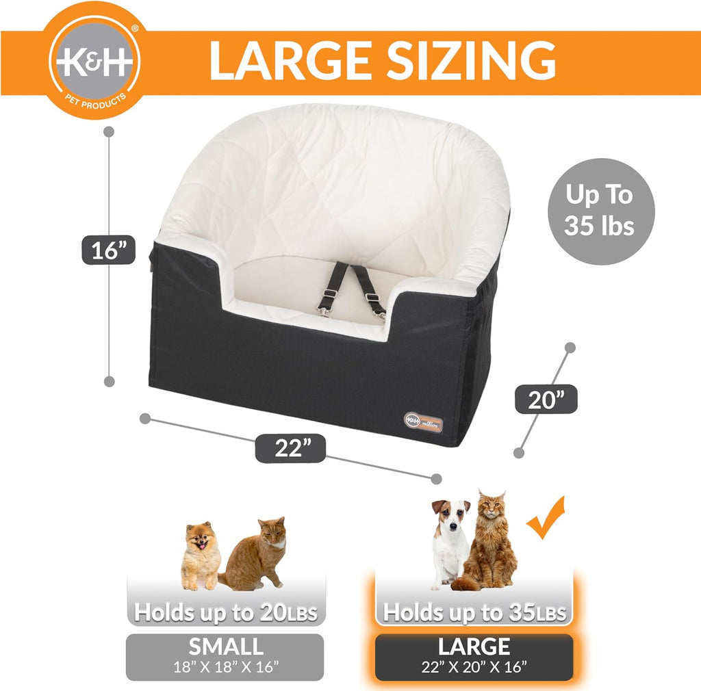 K&H Dog Car Seat, Bucket Booster for Small to Medium Pets, L Black/Cream | Collapsible Dog Car Seats for Small Dogs. Seat Belt Secured, 2 Safety Leashes, Washable Covers