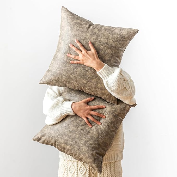 Oversized Leather Pillow Covers Vintage Decorative, Pack of 2 Square Rustic Abrasion Floor Cushion Covers, for Home Decor Outdoor Waterproof Pet Hair Resistant Pillow Covers 26x26 Olive Green