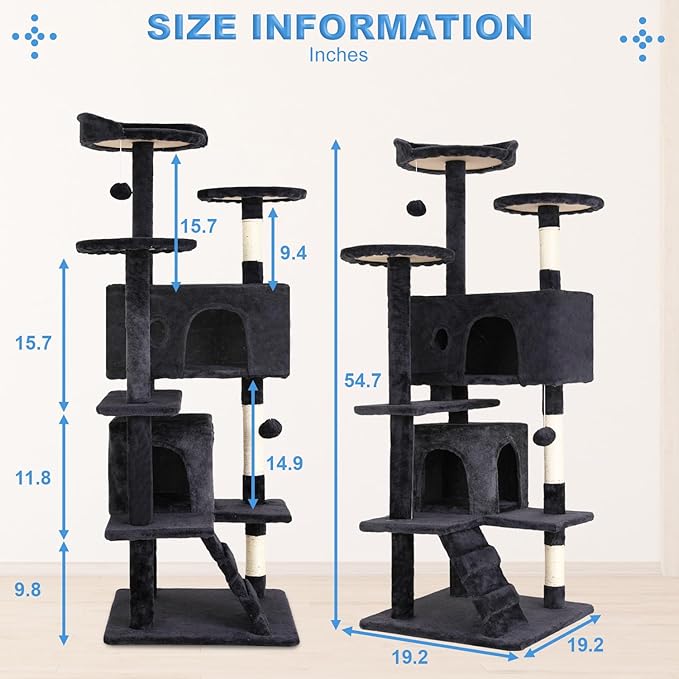 FDW | 54" Cat Tree Tower | Dark Gray | Multi-Level Indoor Activity Center with Sisal Scratching Posts, Condos, Plush Perches, Hanging Cat Toys | Sturdy, Easy to Assemble | for Kittens & Adult Cats