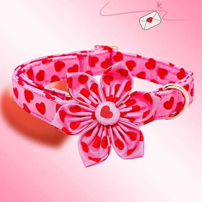 Lionheart glory Valentine's Day Dog Collar with Flower Dog Collar for Large Dogs, Soft Adjustable Hearts Dogs Collars Spring Pet Collars Flower Puppy