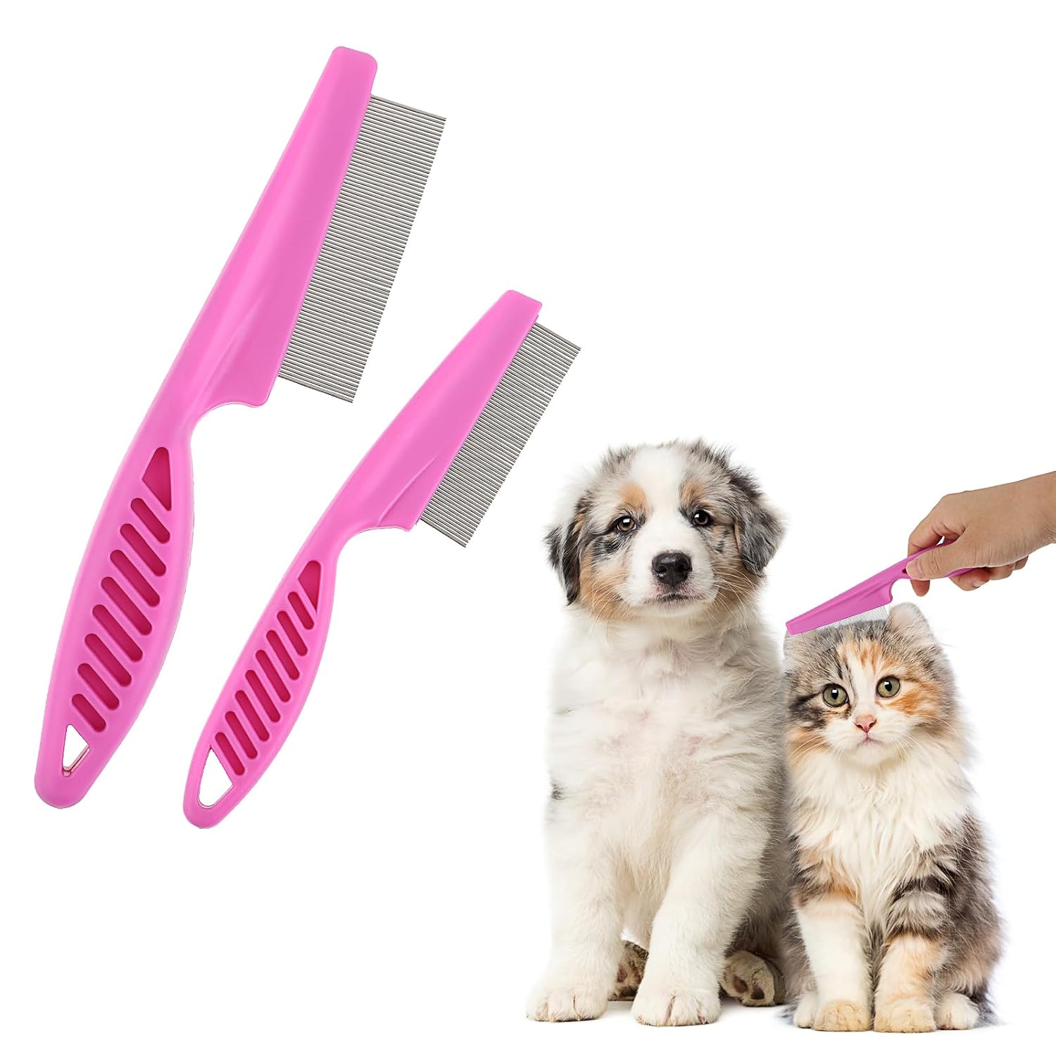 TIESOME Pet Hair Comb Tear Stain Removal,2 Pack Multifunctional Pets Grooming Comb Kit 2 in 1 Dog Combs Stainless Grooming Massage Dual-Sided Comb for Knots Crust Floating Hair Tangle Fleas(Pink) | Multifunctional Pets Grooming Comb Kit, 2 in 1 Dog