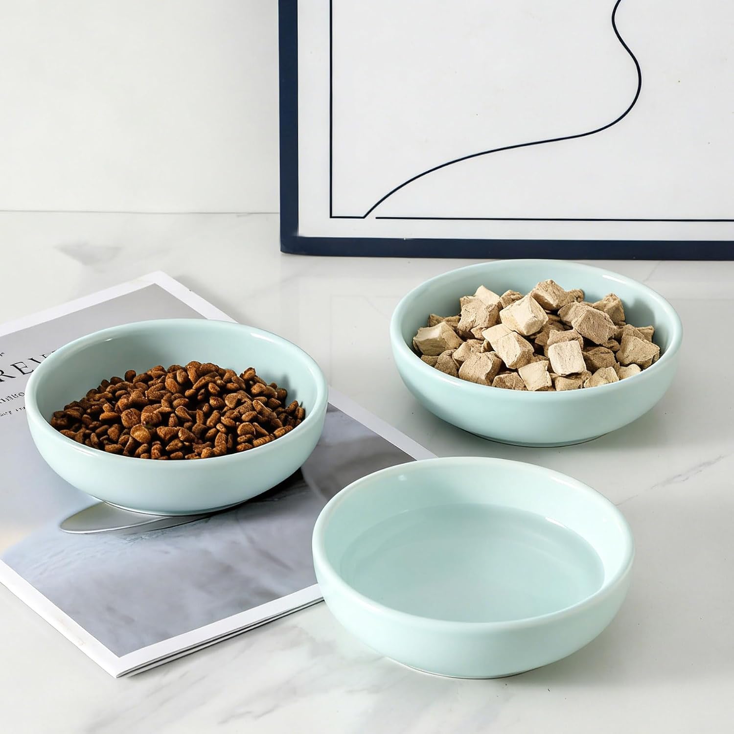5.3 in Ceramic Cat Dishes - Shallow Food Bowls for Small Pets, 3 Pack for Food and Water -Light Blue
