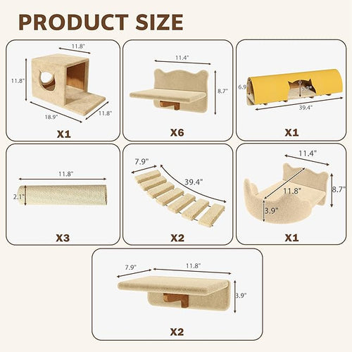 16-in-1 Cat Wall Shelves, Wall Mounted Cats Furniture Set w/Plush Fabric, Cat Climbing Wall Systems, Cats Shelf with 40''L Tunnel, Condos, House, Steps, Bridge Ladder & Scratching Post, Beige