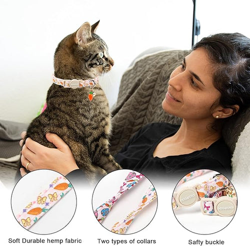 2 Pack Easter Cat Collars,DOGWONG Cute Breakaway Kitty Collars,Blue Bunny Pink Carrot Cat Collar with Bell, Easter Kitten Collars for Girl & Boy Cats