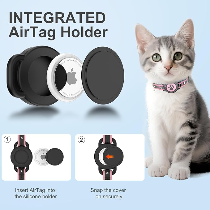 Airtag Cat Collar Breakaway, Reflective Cat Collar with AirTag Holder and Bell, Compatible with Apple Air Tag, Comfortable Padding, Adjustable, Durable (Pink, XS)